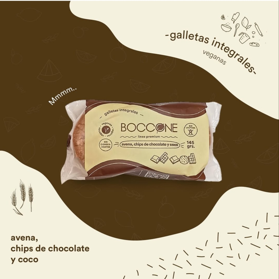 BOCCONE 100% VEGETAL GALLETITAS INTEGRALES AVENA, CHIPS DE CHOCOLATE Y COCO 145 G. C x 45u