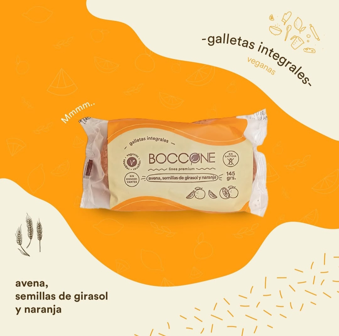 BOCCONE 100% VEGETAL GALLETITAS INTEGRALES AVENA, SEMILLAS DE GIRASOL Y NARANJA 145 G. C x 45u