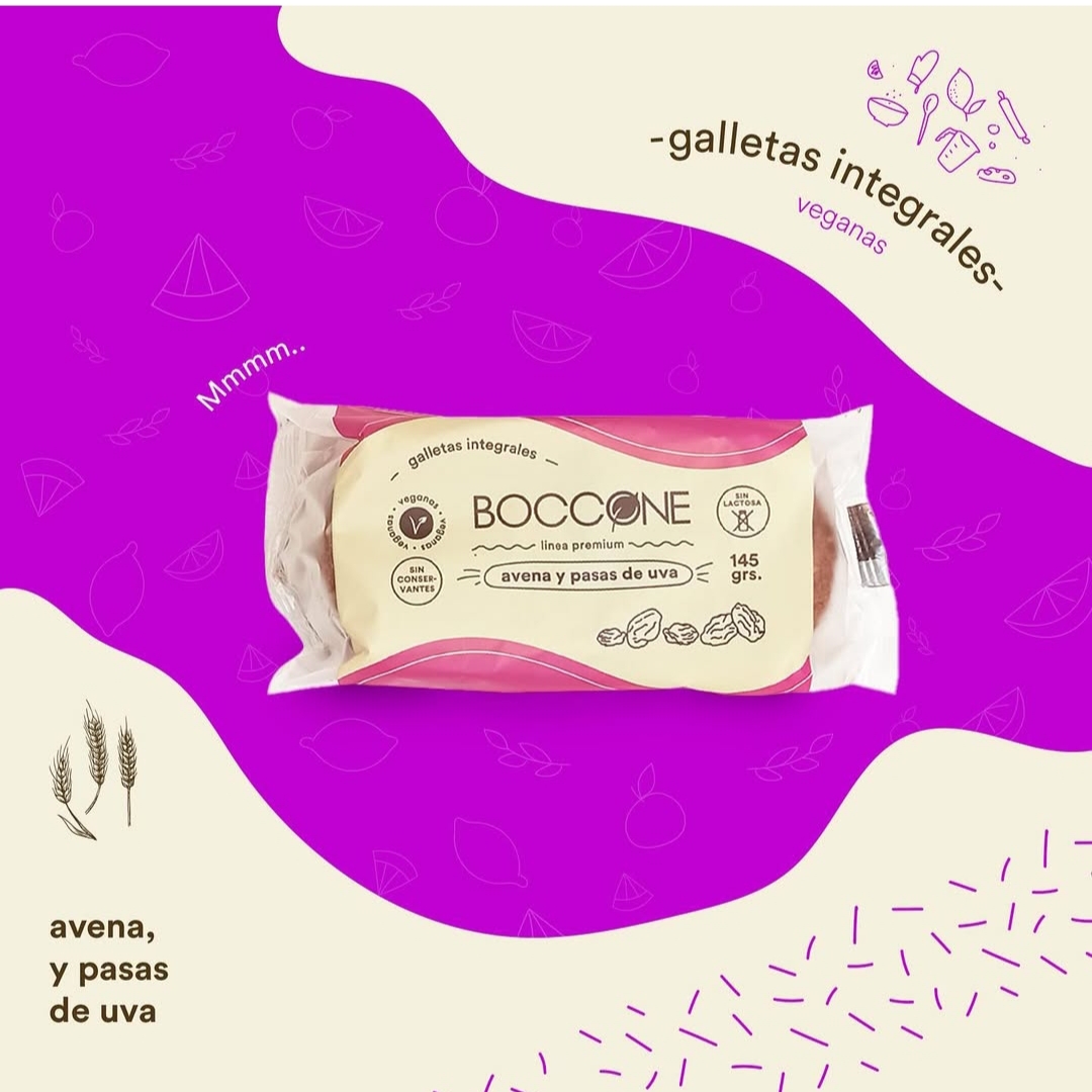 BOCCONE 100% VEGETAL GALLETITAS INTEGRALES AVENA CON PASAS DE UVA 145 G. C x 45u