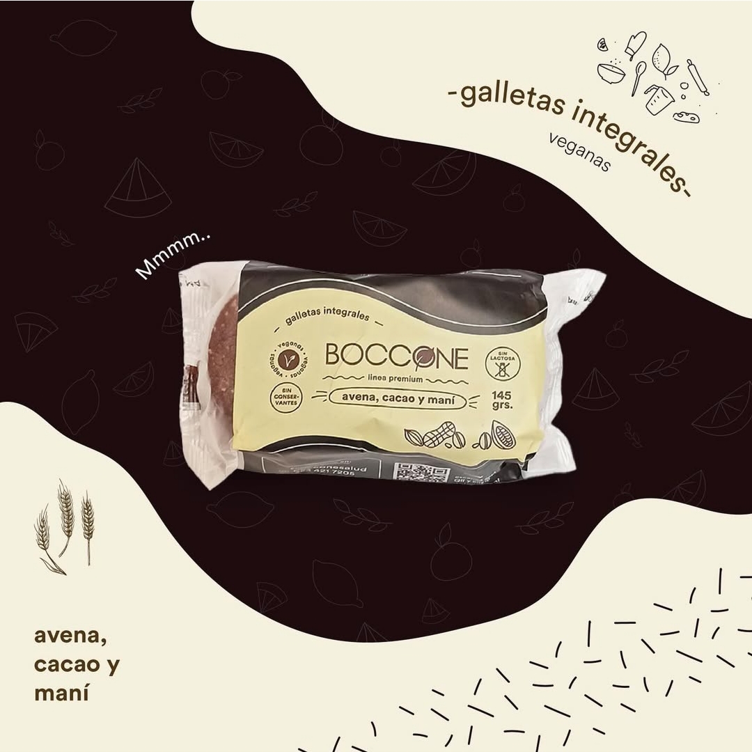 BOCCONE 100% VEGETAL GALLETITAS INTEGRALES AVENA, CACAO Y MANI 145 G. C x 45u