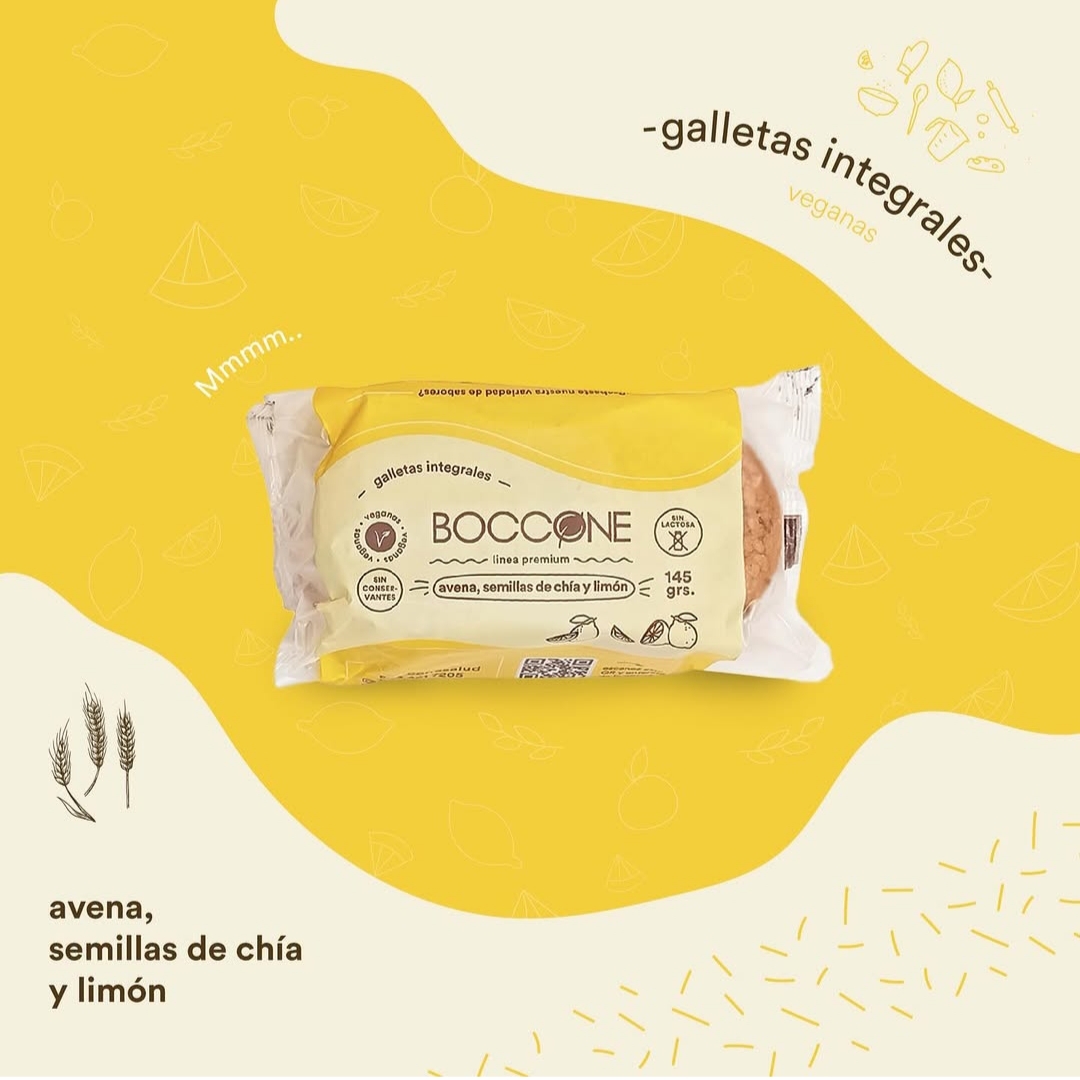 BOCCONE 100% VEGETAL GALLETITAS INTEGRALES AVENA, SEMILLAS DE CHIA Y LIMON 145 G. C x 45u